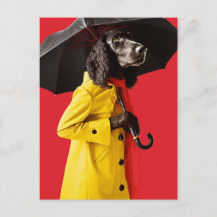 Postal Perro Adorable en un fondo rojo impermeable amaril