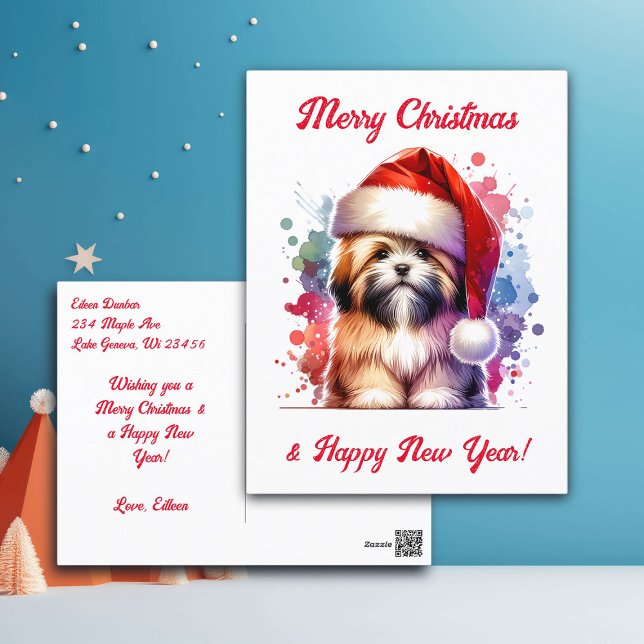 Postal Perro Apso Lhasa en Navidades de Santa Hat (Subido por el creador)