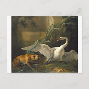 Postal Perro atacado por un cisne por Jean-Baptiste Oudry