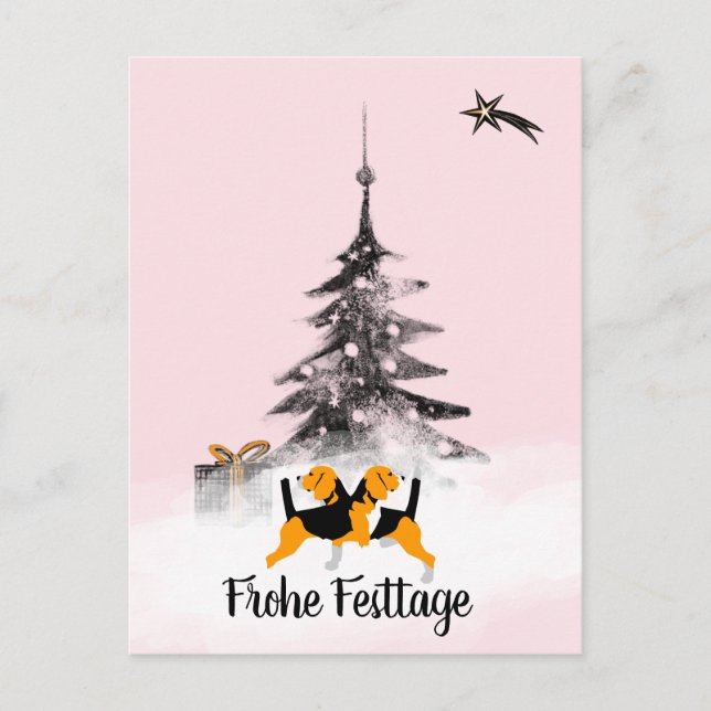 Postal Perro Beagle negro y blanco Navidad (Anverso)