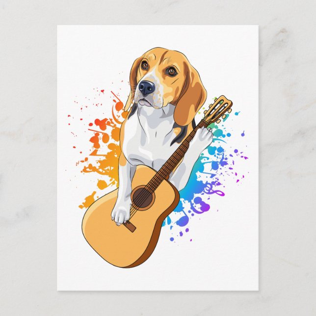 Postal Perro Beagle tocando la guitarra acústica (Anverso)