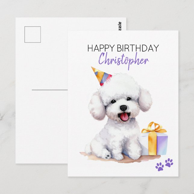 Postal Perro Bichon Frise Personalizado Feliz Cumpleaños  (Anverso / Reverso)