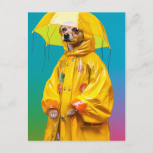Postal Perro blanco en un abrigo amarillo