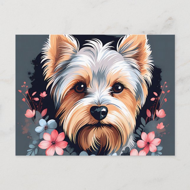 Postal Perro Bonito Yorkshire Terrier Flores (Anverso)