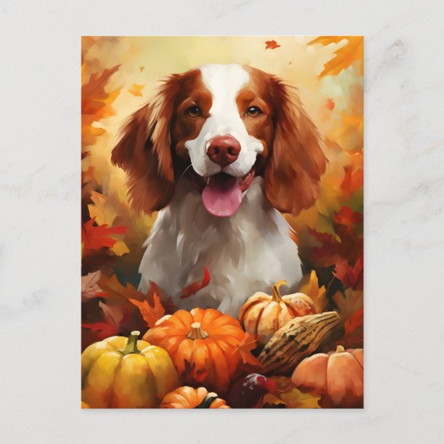 Postal Perro Brittany Acción de Gracias de otoño  (Anverso)
