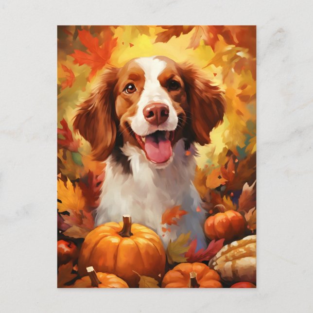 Postal Perro Brittany Acción de Gracias de otoño  (Anverso)