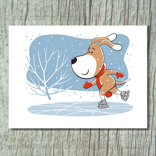 Postal Perro Cachorro Divertido Patinaje Sobre Hielo De D