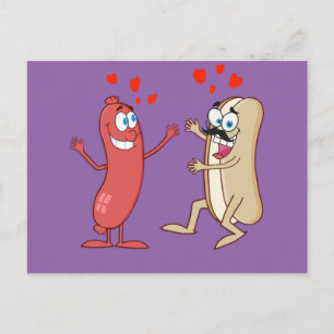 Postal Perro caliente y bollo - Amor a primera vista