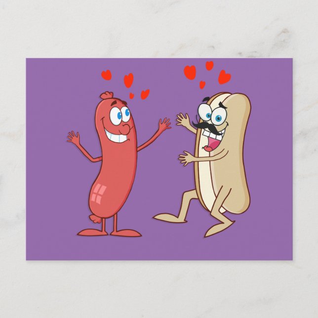 Postal Perro caliente y bollo - Amor a primera vista (Anverso)