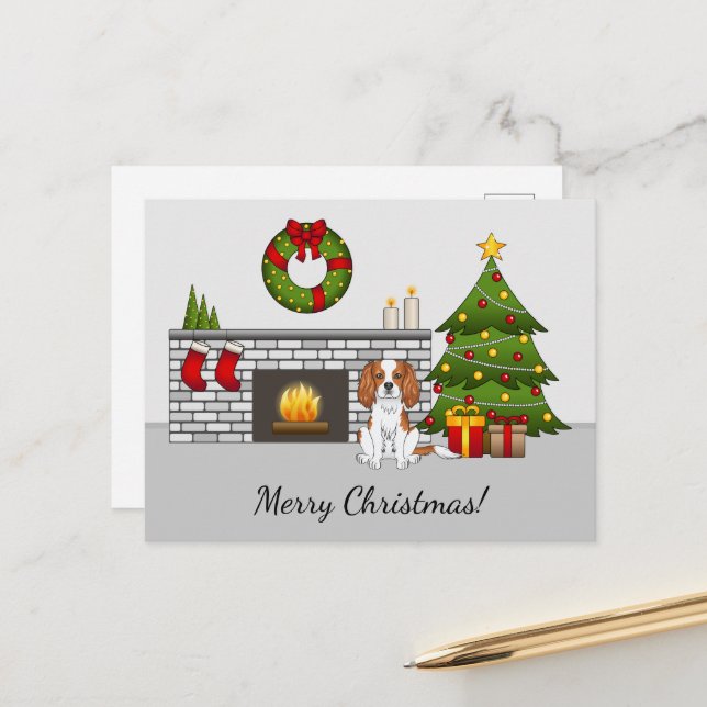 Postal Perro Cavalier De Blenheim En Una Sala De Navidade (Anverso/Reverso In Situ)