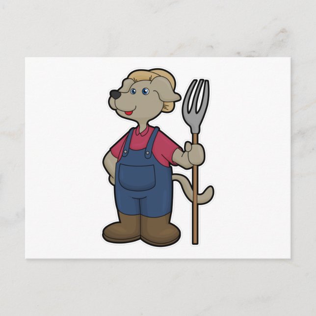 Postal Perro como granjero con rastrillo y sombrero (Anverso)