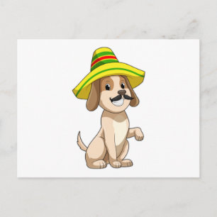Postal Perro como mexicano con sombrero de paja