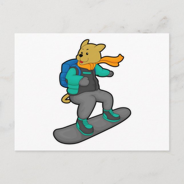 Postal Perro como snowboard con Snowboard y mochila (Anverso)