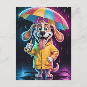Postal Perro con impermeable amarillo y paraguas de arcoí