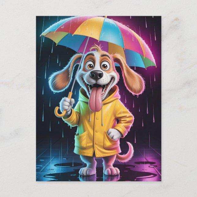 Postal Perro con impermeable amarillo y paraguas de arcoí (Anverso)