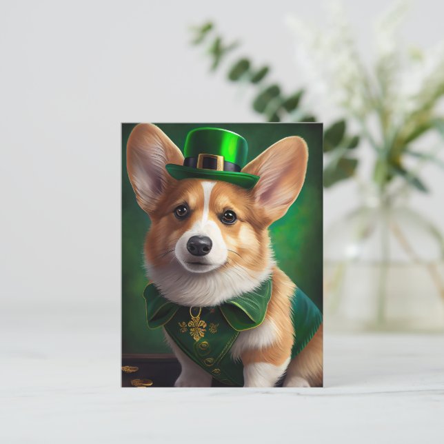 Postal Perro Corgi con vestido de San Patricio (Anverso de pie)