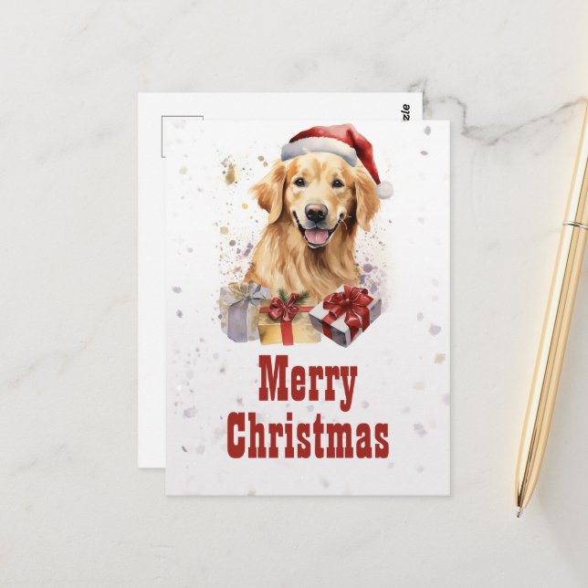 Postal Perro de aguas dorado de Navidad Aquarela (Anverso/Reverso In Situ)