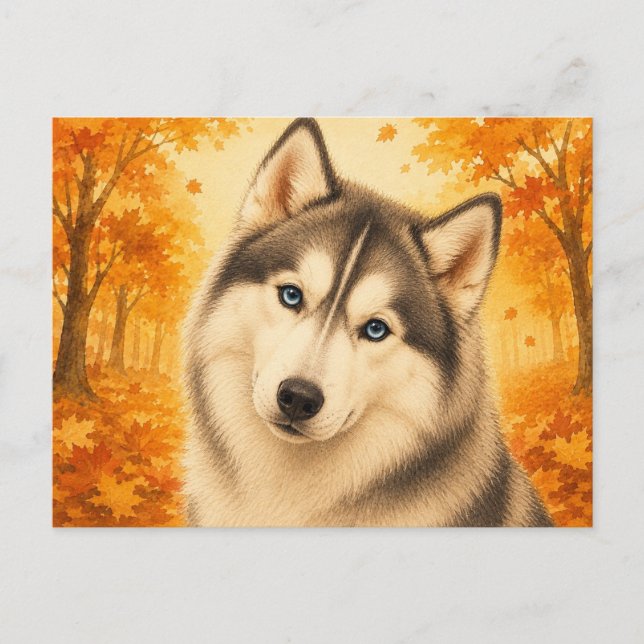 Postal Perro de bosque otoñal Husky Siberiano (Anverso)
