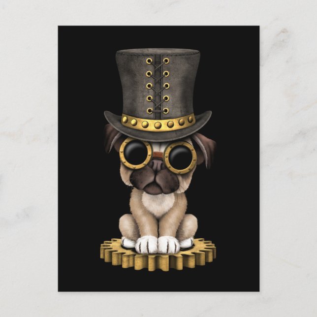 Postal Perro de cachorro de cerdo de Steampunk, negro (Anverso)