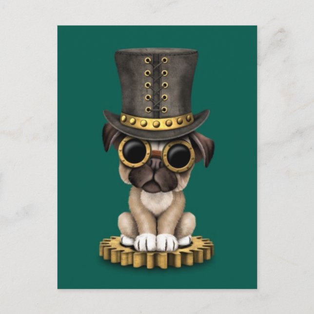 Postal Perro de cachorro de cerdo de Steampunk, verde azu (Anverso)