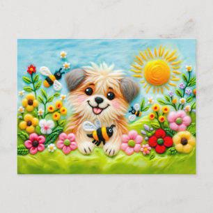 Postal Perro de fieltro en un jardín florecido con abejas