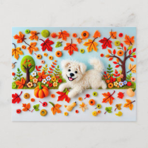Postal Perro de fieltro jugando en un jardín de otoño