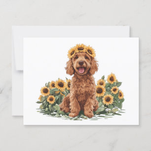 Postal Perro De Goldendoodle Con Una Corona De Girasol