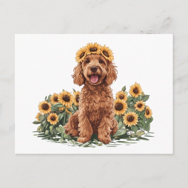 Postal Perro De Goldendoodle Con Una Corona De Girasol (Anverso)