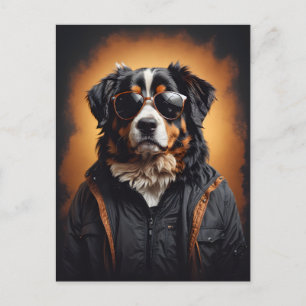 Postal Perro de montaña bernés con chaqueta y gafas de so