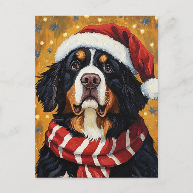 Postal Perro de montaña bernés con gorro de Santa Navidad (Anverso)