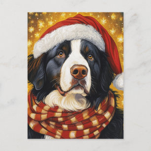 Postal Perro de montaña bernés de Navidad con gorro de Sa