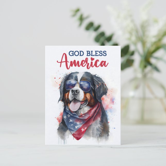 Postal Perro de montaña bernés, Dios bendiga América Tarj (Anverso de pie)