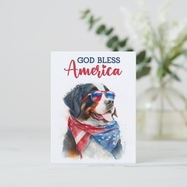 Postal Perro de montaña bernés, Dios bendiga América Tarj (Anverso de pie)