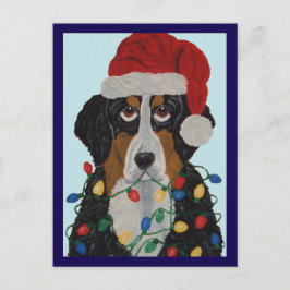 Postal Perro de montaña bernés enredado en luces de Navid