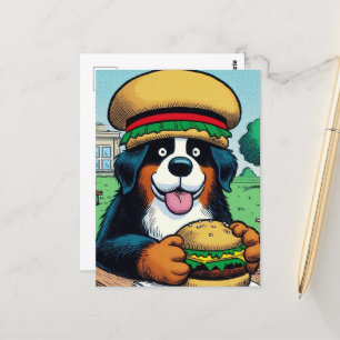 Postal Perro de Montaña Bernés Gracioso Con Cheeseburger