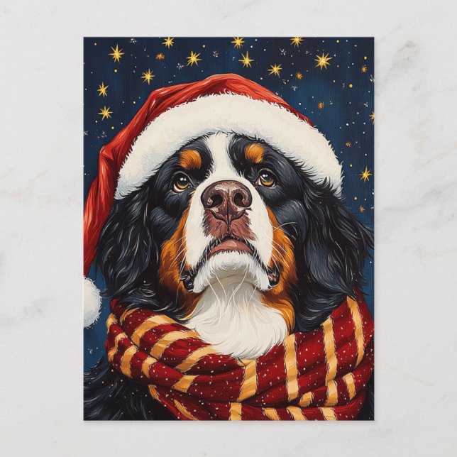 Postal Perro de montaña bernés lindo de Navidad con gorro (Anverso)