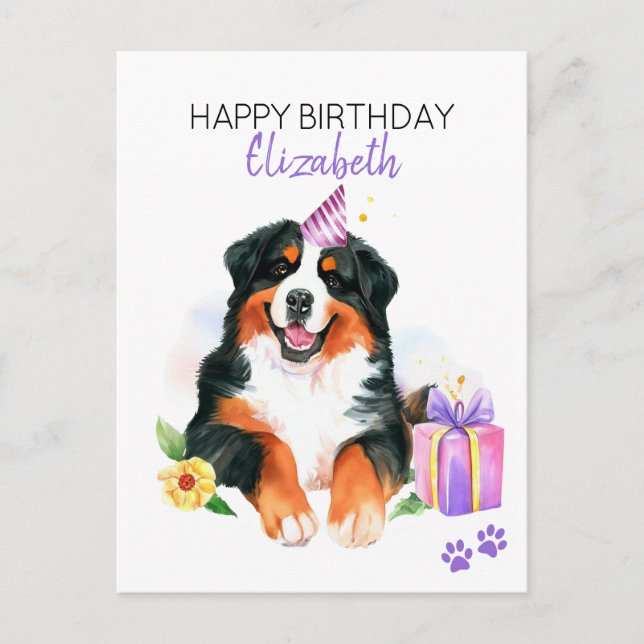 Postal Perro de montaña bernés Personalizado Feliz Cumple (Anverso)
