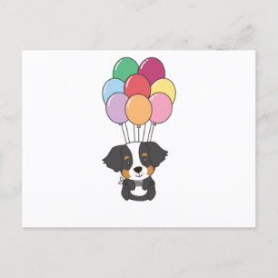 Postal Perro de montaña bernés vuela con globos coloridos