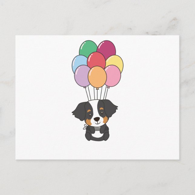 Postal Perro de montaña bernés vuela con globos coloridos (Anverso)