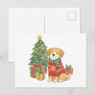 Postal Perro de Navidad con Jersey y Árbol de Navidad