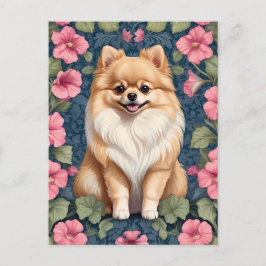 Postal Perro De Pomerania Con Petunias De Color Rosa