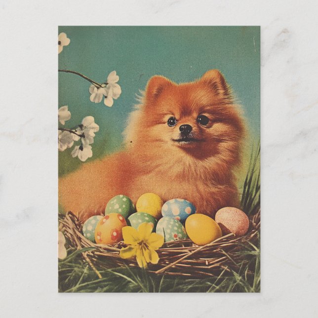 Postal Perro de Pomerania Vintage Pascua (Anverso)