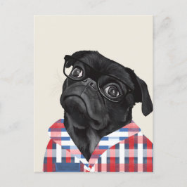 Postal Perro De Pug Negro Con Gafas Y Chequera