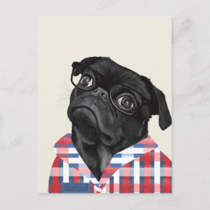 Postal Perro De Pug Negro Con Gafas Y Chequera