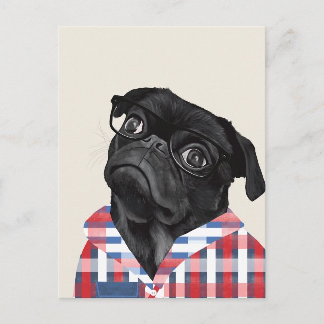 Postal Perro De Pug Negro Con Gafas Y Chequera (Anverso)