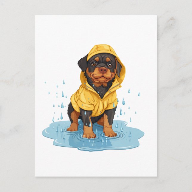 Postal Perro de Rottweiler Cuto Con Lavana De Lluvia (Anverso)