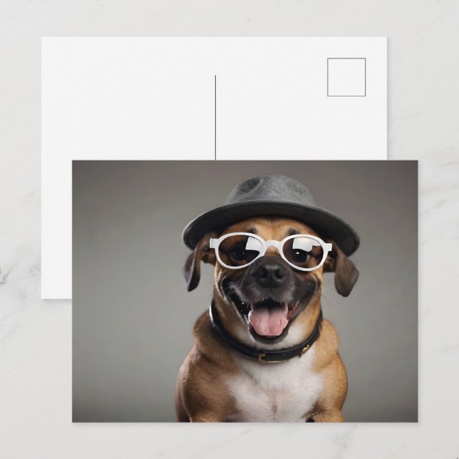 Postal Perro divertido con gafas y sombrero (Anverso / Reverso)
