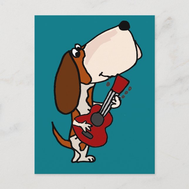 Postal Perro divertido de Basset Hound tocando guitarra (Anverso)