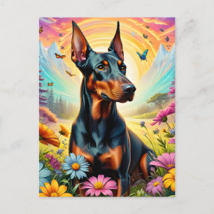 Postal Perro Doberman, flores y escena de montaña
