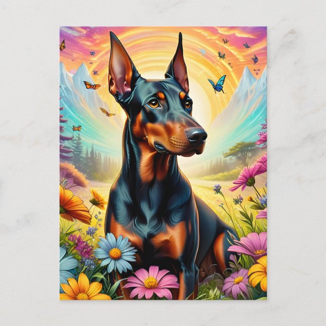 Postal Perro Doberman, flores y escena de montaña (Anverso)